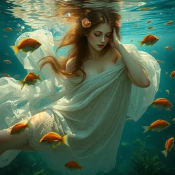 underwater girl in an artistic resting pose covered in lace intricate translucent loosen cloths surrounded by beautiful fishes and water meadows, highly detailed digital by artgerm, wlop, by alphonse mucha painting
