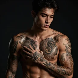 a very handsome and beautiful young man with glowing tattoos. tattoos are intricate and elegant and ornate. dark, dramatic lighting