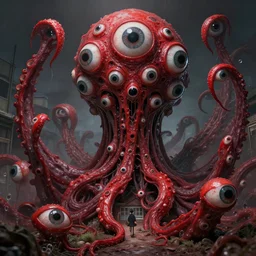 detailed, sharp, a japanese school made of red fleshy alien tentacle covered by numerous giant eyes by Greg Rutkowski. horror. surreal. digital art. trending on artstation. HD. 8K. highly detailed. good lighting. beautiful. epic. masterpiece.