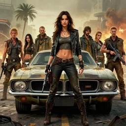 road warrior, gemma chan beautiful girl, postapocalyptic, muscle cars, weapons, dystopian, grindhouse, george miller, made by stanley artgerm lau, wlop, rossdraws, james jean, andrei riabovitchev, marc simonetti, yoshitaka amano, beksinski artstation, cgsociety