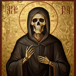hooded skeleton in style of antique orthodox christian icon, full scale, distanced, religious art, hd, hq, high resolution, high detail, cgsociety, octane render, trending on artstation, artstationhd, artstationhq, unreal engine, 4 k, 8 k