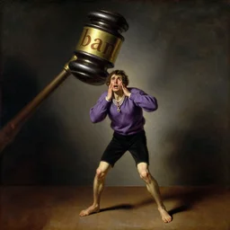 a beautiful full body oil painting of a skinny man with a purple sweater trembling with fear in the shadows of a massive judge hammer above him with the word'ban'on it, art by franz xaver winterhalter, highly detailed, dramatic, jewlery, romanticism, rococo, neoclassicism, 1 8 5 0 s style painting, oil on canvas, vivid