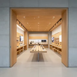 wood and concrete flagship retail interior Samsung Microsoft Apple XF IQ4, 14mm, f/1.4, ISO 200, 1/160s, 8K, RAW, unedited, symmetrical balance, architectural photography, in-frame