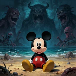 Mickey Mouse sitting on a terrifying beach with giant scary sea creatures, monsters, dark, dim, nightmarish, digital painting, in the style of raphael lacoste, super detailed, artstation