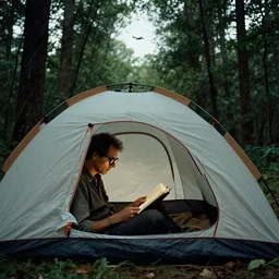 man with eye glasses reading in a tent in the forest. plane in the sky far away. artwork by sebastiao salgado