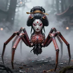 incredibly realistic, too detailed fullbody of spider torso yokai, cursed geisha face, ominous haze, octane render, bump mapping, global illumination, 8 k, bokeh, xenoblade, d & d, elder scrolls, one piece