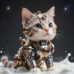 a beautiful intricate fine art portrait photo of a a mechanical industrial steampunk cybernetic cute cat with expressive eyes against galactic space, soft backlight, by tom bagshaw and zach sutton, perfection!, milk bath photography, studio lighting, 5 0 mm lens, very detailed, bionic implants, cybernetic scifi, deep depth of field, artstation, 8 k, highly coherent