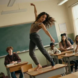 film still of stylish girl dancing on school desk, tilted frame, 3 5 °, dutch angle, high quality, cinematography, award winning photo, focous