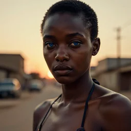 portrait face of a beautiful gorgeous black edgy model girl with short hair, bikini, big leaps, blue eyes, she's sad, sunset, street of africa, 8 0 mm lens, 1. 2 aperture, grainy image, close up, cinematic light, 8 k, 4 k, very detailed, depressing atmosphere, cover magazine