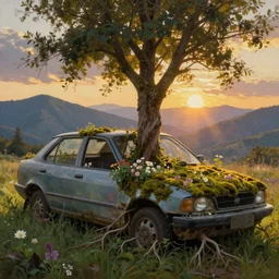 a tree growing through a scrap car overgrown by flowers, grass and moss. roots through the car windows. a soft golden sunset over the mountains. clouds. hyperrealistic, highly detailed, cinematic, ray of golden sunlight, beautiful, cgsociety, artstation, 8 k, oil painting by greg rutkowski, by artgerm, by wlop