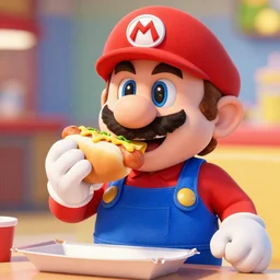 mario eats a hotdog