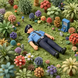 poetic exhuberance, tiny realistic detailed police officer lying in the middle of a stunning intriguing dense 3 d rendering, composed of tiny colorful details and plants, hyperdetailed, contemporary masterpiece, microworld, deep focus, striking