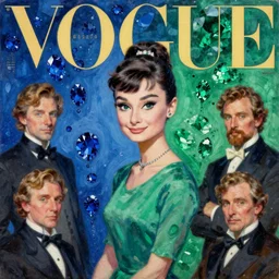 vogue magazine, elle magazine, anime korean audrey hepburn, ilya kuvshinov, john singer sargent, oil painting, shaft anime key visual, tones of blue sapphire and green emerald trending on artstation, intricate