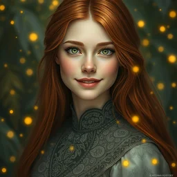 young woman, serene smile, surrounded by golden firefly lights amidst nature, full covering intricate detailed dress, long red hair, precise linework, accurate green eyes, small nose with freckles, beautiful smooth oval shape face, empathic, expressive emotions, dramatic lights spiritual scene, hyper realistic ultrafine art by artemisia gentileschi, jessica rossier, boris vallejo