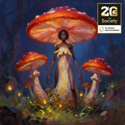 a dark skinned anthro mushroom woman with long arms and long legs, fireflies, vivid colours, ultra realistic, beautiful realistic oil painting, detailed matte painting, cg society contest winner, behance contest winner, artstation, 4 k uhd art, unreal engine 5