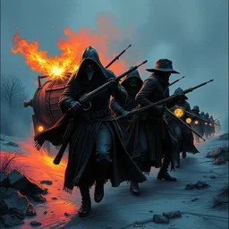 a maciej kuciara art deco style eldrad bandits stopping a convoy to rob it storyboard art, ink drawing, smooth, sharp focus, vibrant volumetric dark natural light, dark enlightenment, alchemy, nigredo.