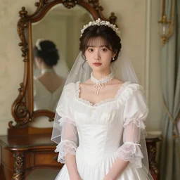 portrait of a young victorian lady with a long cute beautiful wedding dress in a beautiful victorian room in front of a victorian mirror, high quality by jeremy mann, only one head single portrait