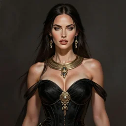 portrait of megan fox, muscular upper body, collar, greek, jewelry, black dress, fantasy, intricate, elegant, highly detailed, digital painting, artstation, concept art, matte, sharp focus, illustration, art by aenaluck and roberto ferri and greg rutkowski, epic fantasy, digital painting