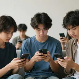 many young people sucked in by their smartphones in a terrible way. their mind is completely trapped by the cell phone, fantasy style, 4 k, philosophical art