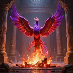 single centered purple red phoenix rising up from the ashes in the middle of an ancient temple, high detail, digital art, unreal engine, game illiustration