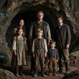 sharp, highly detailed, film from a sci fi 8 k movie, set in 1 8 6 0, family standing outside a cave on a strange alien planet, wearing 1 8 5 0 s era clothes, atmospheric lighting, in focus, reflective eyes, 3 5 mm macro lens, live action, nice composition