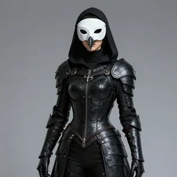 female plague doctor donning a black hood, tight leather armor and a white crow mask, trending on artstation