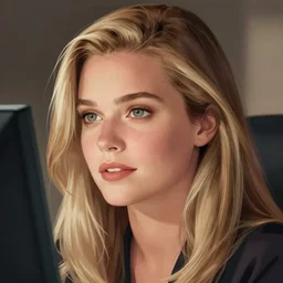 illustration of brittany murphy, sitting by computer, beautiful face, pretty face, detailed eyes, realistic proportions, deep focus, realistic face, style of jim lee, clean lines, jim lee style