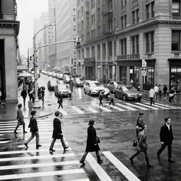 a busy crosswalk on a rainy street in new york in the 1 9 6 0 ‘ s with lots of people walking around at night with advertisement neon lights on the buildings around it, painting eugene de la croix high detail, smooth, beautiful, aesthetic,
