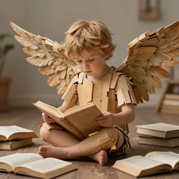 A young angel with broken wings made of thin wooden planks is sitting on the floor, surrounded by open books,   trying to read , sharp focus, depth of field, hyper detailed, hyper realistic, High definition, trending at artstation, 8k,  octane render, digital painting