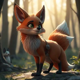 a medieval anthropomorphic fox with a fluffy tail in a forest, backlighting, cgi, rendered in unreal engine, trending on artstation, cartoon