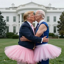 Donald trump in a pink tutu, kissing Joe Biden, hyper realistic, 4k, 8k, White House, kissing