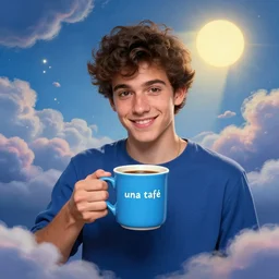 portrait of a ( ( ( una taza de cafe grande y azul ) ) ), ( ( guapo joven caliente espanol alegre ) ), lleno de nubes y magia, el sol, concept character, by greg rutowski and tezuka and oi and mucha and bierstadt and remington, trending on artstation
