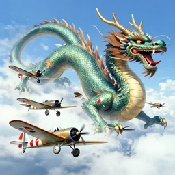 WW2 photo of Japanese dogfighters fighting a giant Oriental Dragon, Colorized,
