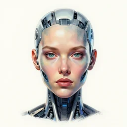 centered cell shaded! detailed realistic head portrait of female cyborg color art by laurie greasley