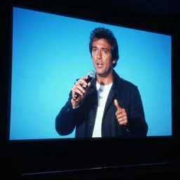 big flat cinema screen shining bright blue and man speaking, 1 9 8 4