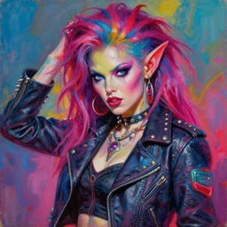 portrait of a scifi apocalyptic demonic orc goblin female biker babe character, hot girl, cool pose, psychedelic vibrant colors, futuristic punk rock fashion, oil painting by michael whelan art, sharp focus, realistic, detailed eyes, 8 0 s hair, studded leather jacket, 8 k