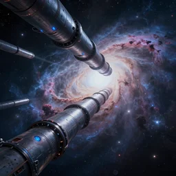 pipelines in space, angled, scifi, futuristic, galaxy, nebula, raytracing, dreamy, blue cyborg eyes, sharp focus, cinematic lighting, highly detailed, artstation, divine, by gauthier leblanc, kazuya takahashi, huifeng huang