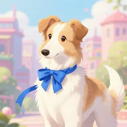 a cute anthropomorphic borzoi girl anthro wearing a blue ribbon, city background, very anime!!! kawaii!! furry!! intricate details, aesthetically pleasing pastel colors, scenic background, art by conrad roset and ilya kuvshinov. trending on deviantartstation