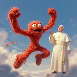 flying spaghetti monster with the pope, artstation, fantasy