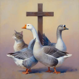 painting of cross between cat & goose, intercrossed animal, by corine perier, by ellen jewett, by arne olav gurvin fredriksen cold hue's, warm tone gradient background, beautiful composition, digital painting