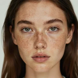 photograph of a woman, face covered in freckles