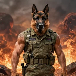 close up character portrait of muscular german shepard beast - man, wearing military outfit, standing in hell landscape, 4 k, tone mapping