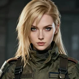 A beautiful dieselpunk woman in military fatigues || VERY VERY ANIME!!!, fine-face, blonde hair, realistic shaded Perfect face, fine details. Anime. realistic shaded lighting poster by Ilya Kuvshinov katsuhiro otomo ghost-in-the-shell, magali villeneuve, artgerm, Jeremy Lipkin and Michael Garmash and Rob Rey