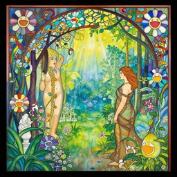mysterious garden by takashi murakami, louis comfort tiffany and hieronymus bosch