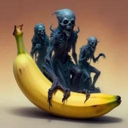 cosmic horrors on my giant banana, close up of a banana, by zdzislaw beksinski, by dariusz zawadzki, by wayne barlowe, gothic, surrealism, cosmic horror, lovecraftian, cold hue's, warm tone gradient background, concept art, beautiful composition