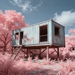 a beautiful very detailed illustration of urbex container home unfinished building nature by paul cezanne, infrared fisheye, archdaily, wallpaper, highly detailed, trending on artstation.
