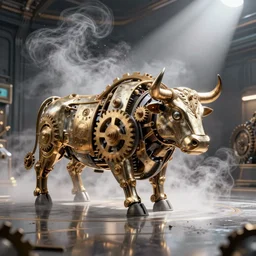 a clockwork mechanical bull there are gears sticking out of the bull the room is filled with steam, ultra high detail, high particle effects, highly reflective surface, realistic reflections, steam filled room