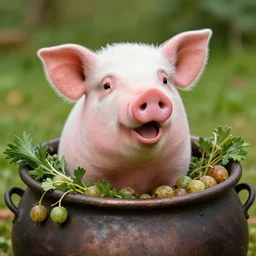 a joyful pig in a cauldron with herbs and gooseberries