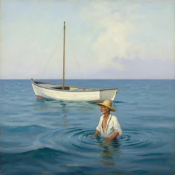 old, skinny man with short gray beard, in straw hat, white shirt, swimming through ocean in medium fishing boat with small mast, from a distance, morning, scene from 1 9 5 2, oil painting, realism
