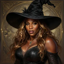mindblowing, serena williams as a female warlock, black wizard hat, deep focus, d & d, fantasy, intricate, elegant!!, beautiful, highly detailed, digital painting, artstation, concept art, matte, sharp, illustration, hearthstone, art by artgerm and greg rutkowski and alphonse mucha